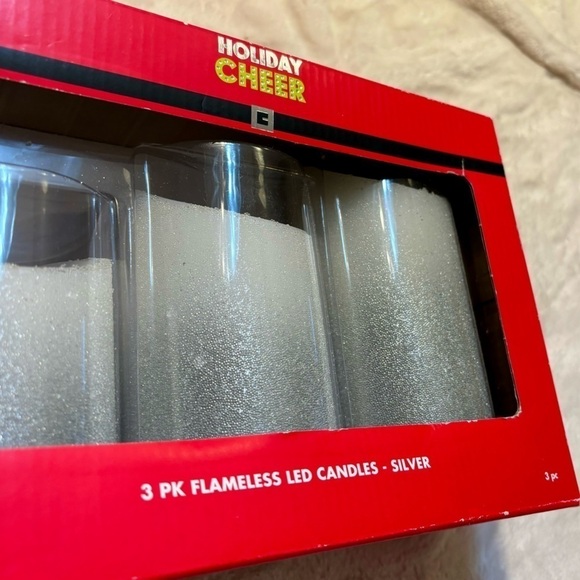 NIB 3-Pack Flameless LED Candles Silver Holiday Cheer 5” 4.5” 4” White Sparkly - Picture 2 of 7